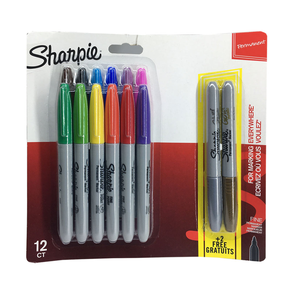 شاربي 12 قلم ماركر ثابت متعدد الألوان + 2 قلم ماركر دائم معدني